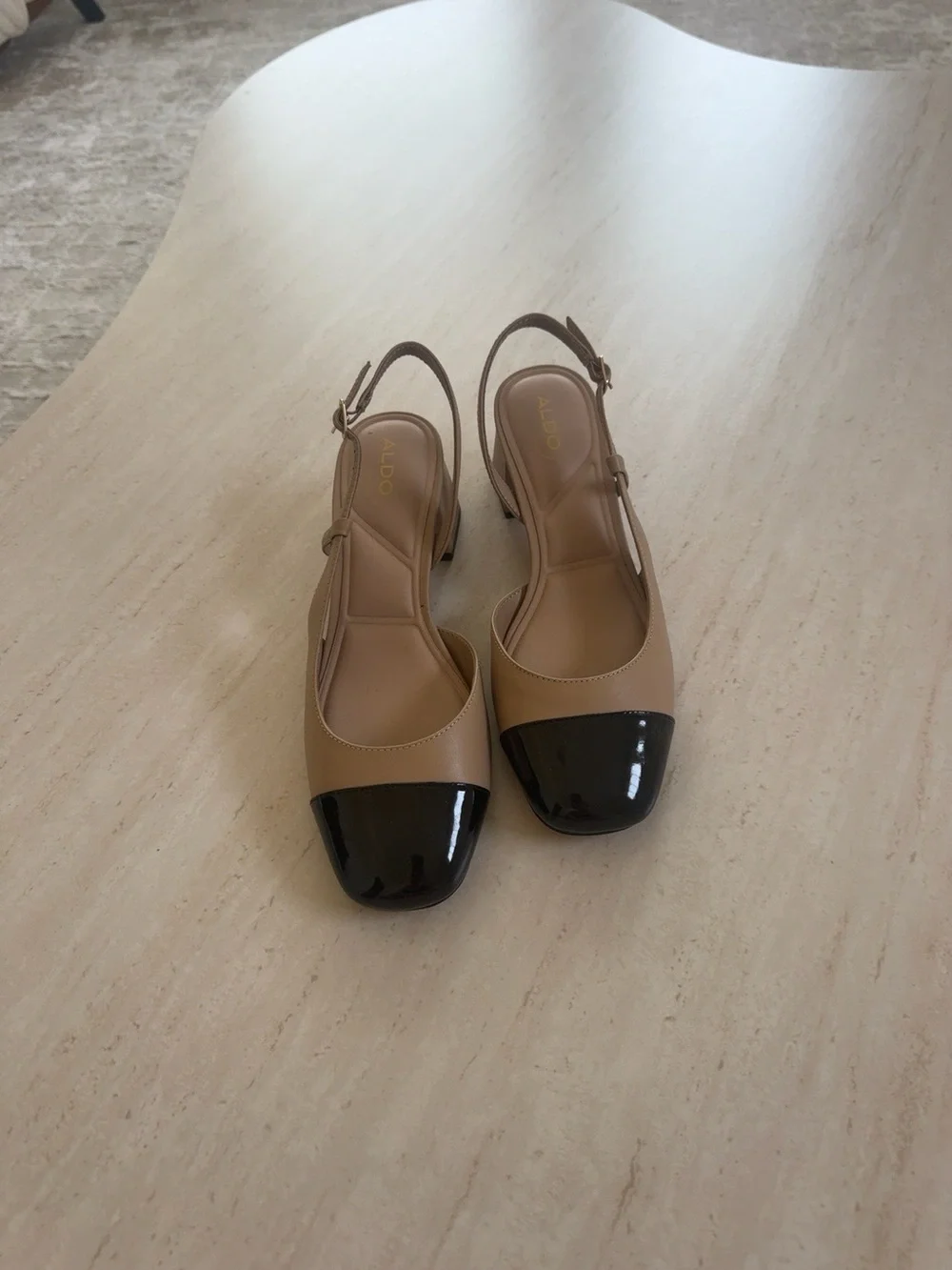 ALDO Tan Slingback Block Heels with Black Patent Cap Toe